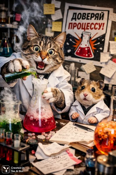 Безумный кот-ученый и его помощник-хамстер в хаотичной лаборатории. Нейронная сеть Sora images Ai