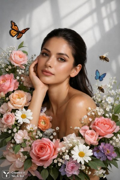 Изысканная красота: букет нежности и безупречная кожа в стиле хайфэшн. Картинка из нейронной сети Sora