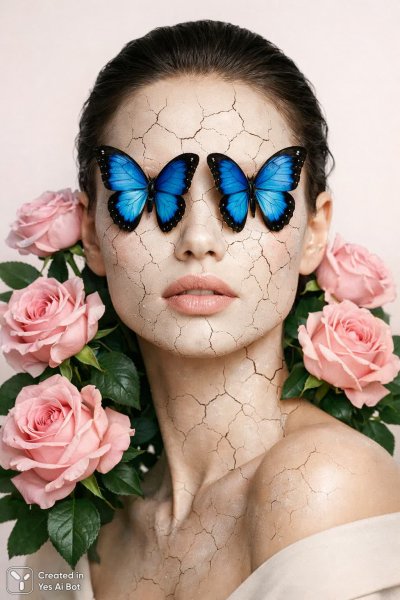 Женщина-бабочка в розах: сюрреалистичный портрет с высокой детализацией и минимализмом. Генерация из нейронной сети Sora images Ai