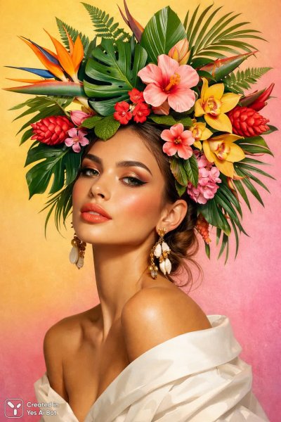 Женский портрет в стиле бохо с тропическими цветами и нежным градиентом фона. Нейросеть Sora Ai Images