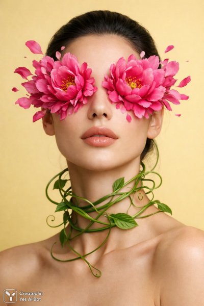 Нежная красота: портрет женщины с цветами и зеленью. Картинка из нейросети Sora Ai Images