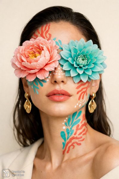 Загадочный портрет: цветы вместо глаз и этнические узоры. Картинка из нейронной сети Sora Images