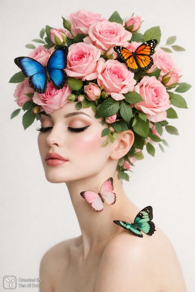 Мечтательная красота: Женщина-сад с бабочками и розами. Картинка из нейросети Sora Images