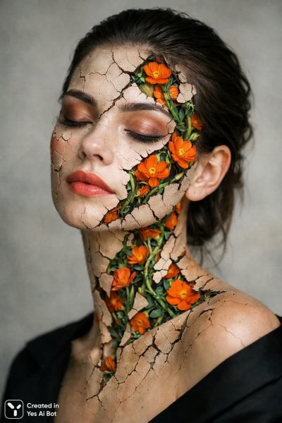 Внутренний мир: портрет женщины с цветами и трещинами на коже. Изображение из нейросети Sora images Ai