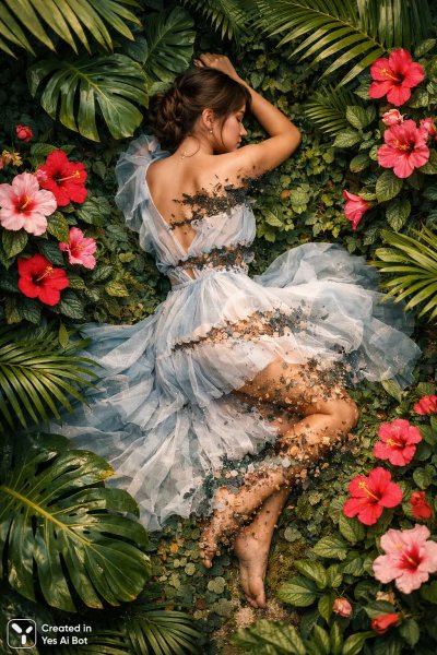 Тропическая красота: эфемерность и гармония в фотопортрете. Генерация из нейросети Sora images Ai