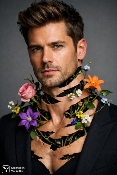 Необыкновенный портрет: цветы и вены под кожей мужчины. Нейросеть Sora Image