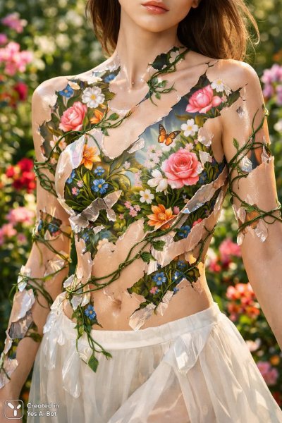 Искусная хрупкость: исчезновение кожи и расцвет сада внутри. Изображение из нейросети Sora images Ai