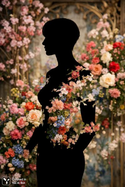 Растворение в цветочном пейзаже: полуреалистичный силуэт и его трансформация. Изображение из нейронной сети Sora