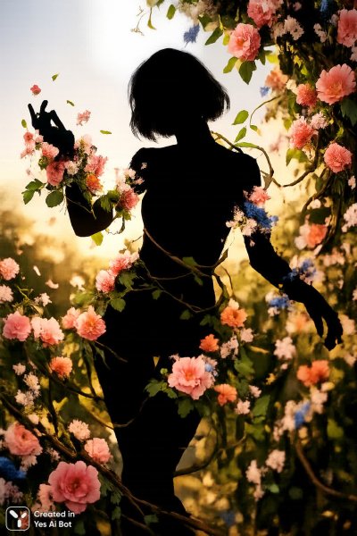 Неуловимое прикосновение: игра света и тени в объятиях цветов и лозы. Нейросеть Sora Image