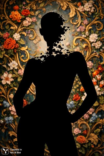 Изысканный силуэт на фоне буйной растительности и цветочных мотивов: эффектная композиция. Нейросеть Sora Images