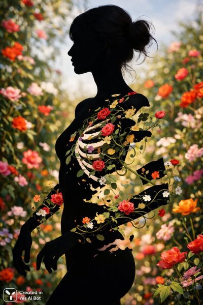 Исчезновение в цветущем саду: завораживающая иллюзия растворения человеческой фигуры. Генерация из нейросети Sora