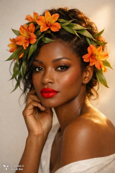 Оранжевые цветы и задумчивый взгляд: портрет в золотом свете. Изображение из нейросети Sora images Ai