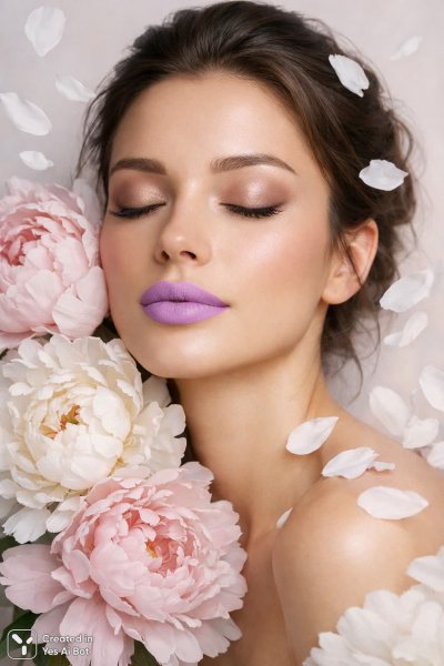 Нежная красота в объятиях пионов и лепестков, мечтательное портретное спокойствие с мягким светом. Изображение из нейронной сети Sora Images