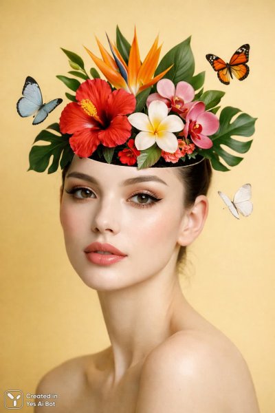 Нежная красота: лицо в цветочном саду с тропическими мотивами и нежным теплым фоном. Генерация из нейросети Sora images Ai