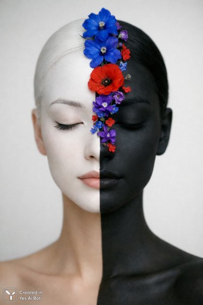 Спокойный портрет: цветы и контраст в минималистичном стиле. Генерация из нейронной сети Sora images Ai