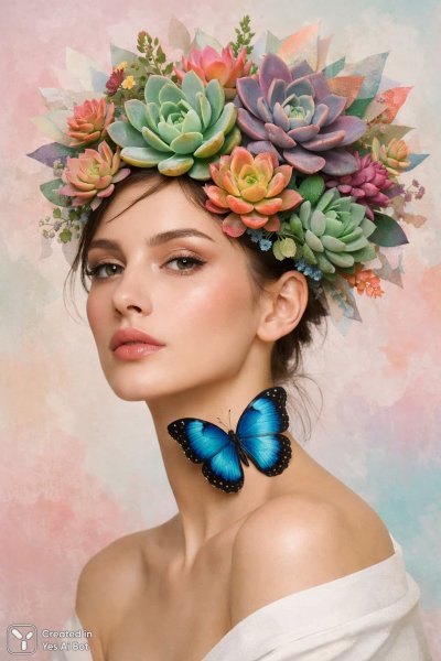 Нежная красота: бабочки, кактусы и сюрреалистичный портрет женщины в пастельных тонах. Нейронная сеть Sora