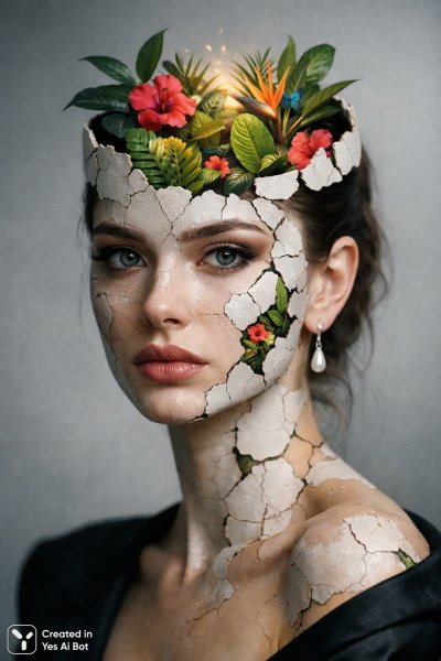 Мечтательная женщина с трещинами: внутренний мир в тропиках и гиперреализм. Нейронная сеть Sora Images