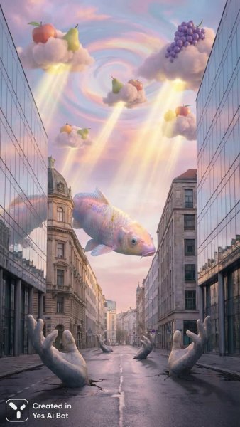 Сюрреалистичный сон: город и гигантская рыба в отражении небес. Генерация из нейросети Нано Банана