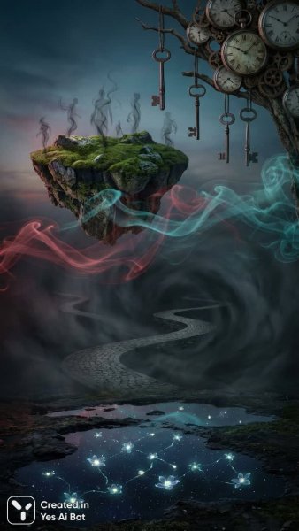 Сюрреалистический сон: Пылающий остров и ключи времени. Изображение из нейросети Нано Банана