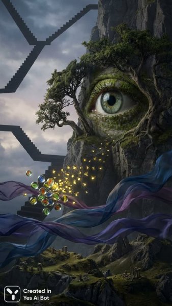 Сюрреалистичный глаз в скале: сонное видение и хаос порядка. Изображение из нейросети Nano-Banana