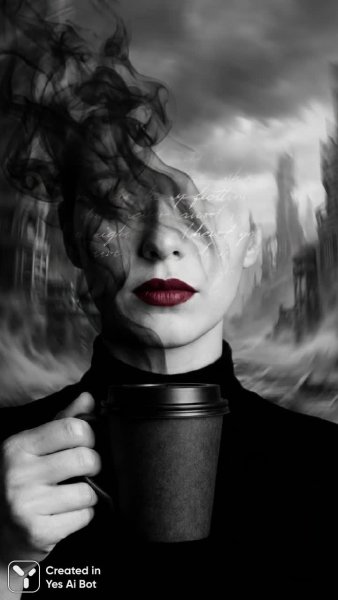 Таинственная женщина и чашка кофе в мире теней и тревоги. Генерация из нейронной сети Nano-Banana
