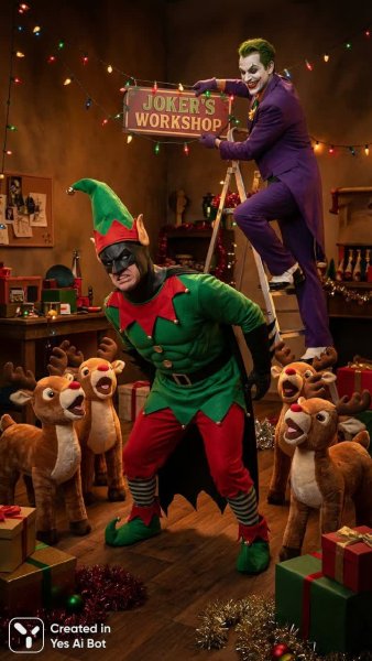 Бэтмен в эльфийском костюме: рождественский переполох и юмористический фотоснимок. Картинка из нейронной сети NanoBanana