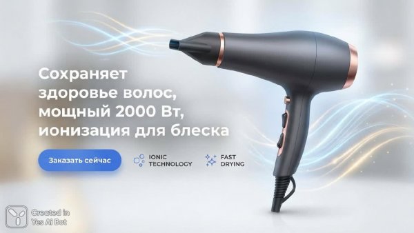 Эффективная инфографика: стильный фен для быстрой сушки и укладки волос с ионизацией. Нейронная сеть Nano-Banana