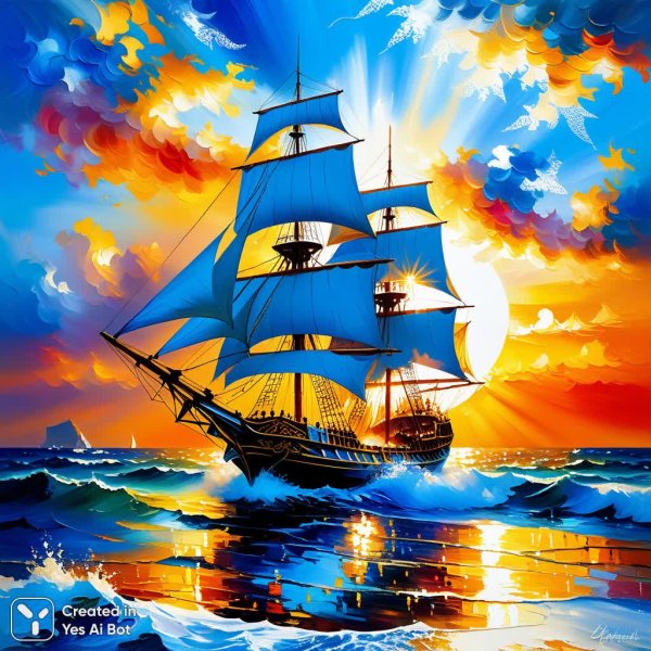 Морская симфония света и цвета в стиле Афремова: небесная лазурь и кружевная волна. Изображение из нейронной сети Stable Diffusion