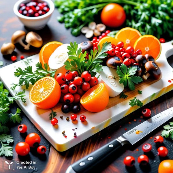 Яркие краски лета на кухонной доске: свежие травы и грибы в акварельном стиле. Нейросеть Stable Diffusion