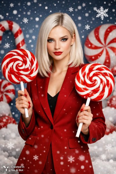 Зимняя мода: яркая девушка с ледяными конфетами и стильным блейзером. Генерация из нейросети Sora Ai Images