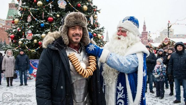 Железный человек и Дед Мороз: Новогоднее приключение в России. Изображение из нейросети Nano-Banana