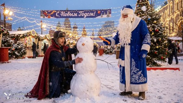 Странный Доктор и Мороз: Новогоднее волшебство в зимнем пейзаже. Картинка из нейросети Nano Banana