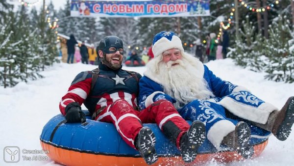 Капитан Америка и Дед Мороз мчатся на санках в новогоднем приключении. Нейронная сеть Nano Banana