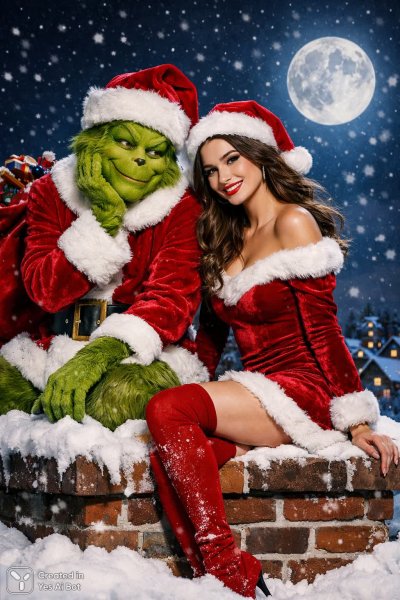 Гринч и девушка: праздничная встреча на заснеженной трубе под звёздным небом. Изображение из нейросети Sora Images