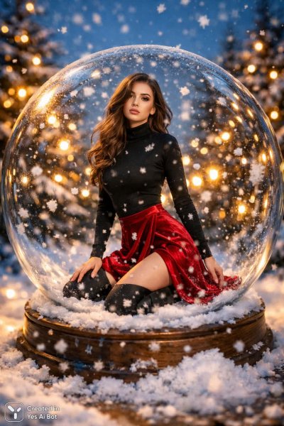 Заколдованная зима: девушка в снежном шаре среди волшебного леса. Генерация из нейросети Sora Image