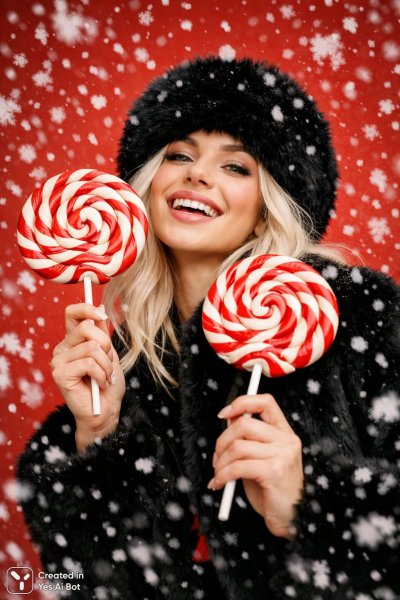 Зимнее настроение: очаровательная девушка с леденцами и снежинками. Картинка из нейронной сети Sora images Ai