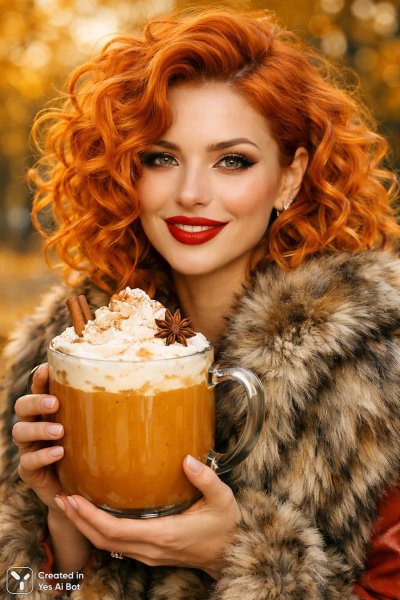 Осеннее настроение: огненные кудри и тыквенный латте в парке. Изображение из нейронной сети Sora images Ai