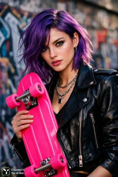 Яркая девушка с фиолетовыми волосами и скейтбордом в стиле гранж. Изображение из нейросети Sora images Ai
