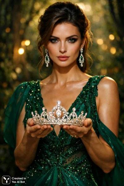 Изумрудное платье и хрустальная тиара в волшебном лесу. Изображение из нейросети Sora Ai Images