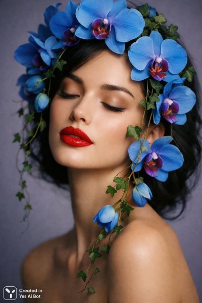 Загадочный портрет: Орхидеи и изумрудная зелень в лавандовой дымке. Картинка из нейронной сети Sora images Ai