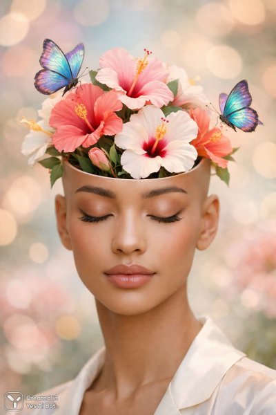 Сюрреалистичный портрет: Цветок и бабочки в голове. Нейросеть Sora Images
