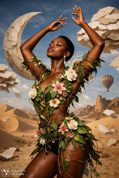 Сюрреалистичный портрет в пустыне: цветочная броня и мечтательное настроение. Генерация из нейронной сети Sora Ai Images
