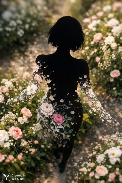 Невидимое тело в цветущем саду: полупрозрачный силуэт и нежные узоры. Изображение из нейросети Sora Image