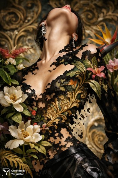 Изящная прозрачность: человек и экзотический сад в едином образе. Картинка из нейронной сети Sora Image