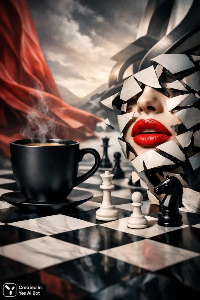 Сюрреалистичная композиция: кофе, шахматы и фрагменты лиц. Изображение из нейронной сети Sora