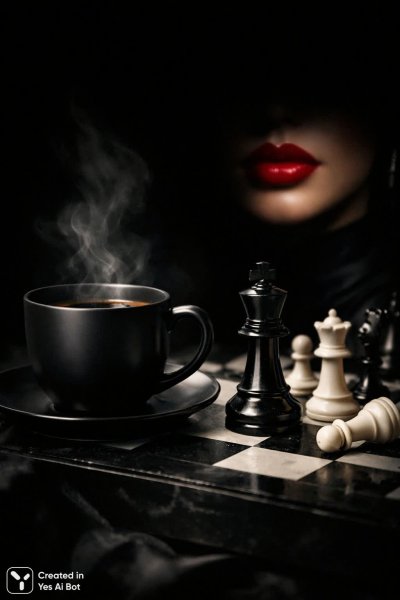 Кофейная тоска и шахматные тайны: сюрреалистичная композиция в черном цвете. Генерация из нейросети Sora Images
