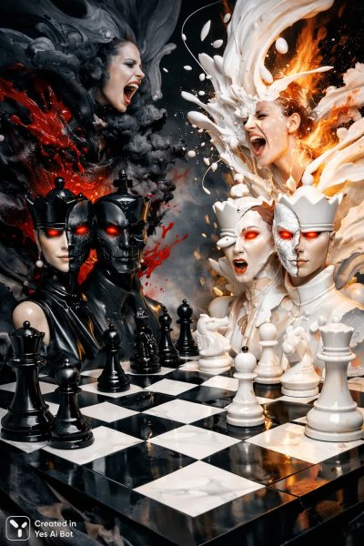 Схватка шахматных фигур в безумном мире эмоций и форм. Нейросеть Sora Images