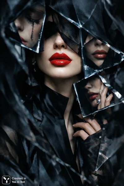 Отражения боли: сюрреалистичный портрет разбитых воспоминаний и темных теней. Картинка из нейронной сети Sora