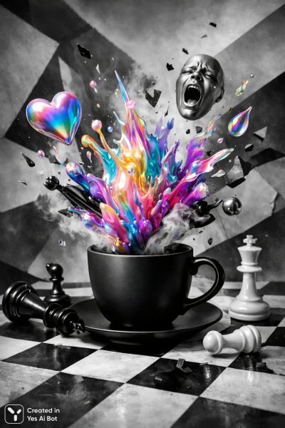 Сюрреалистичная шахматная композиция с бурей эмоций и увяданием. Картинка из нейросети Sora Ai Images