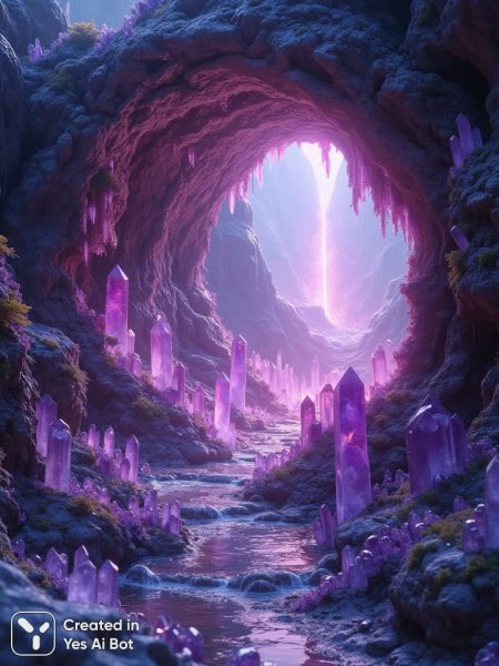 Загадочная пещера кристаллов аметиста и кварца в скале. Нейросеть Flux
